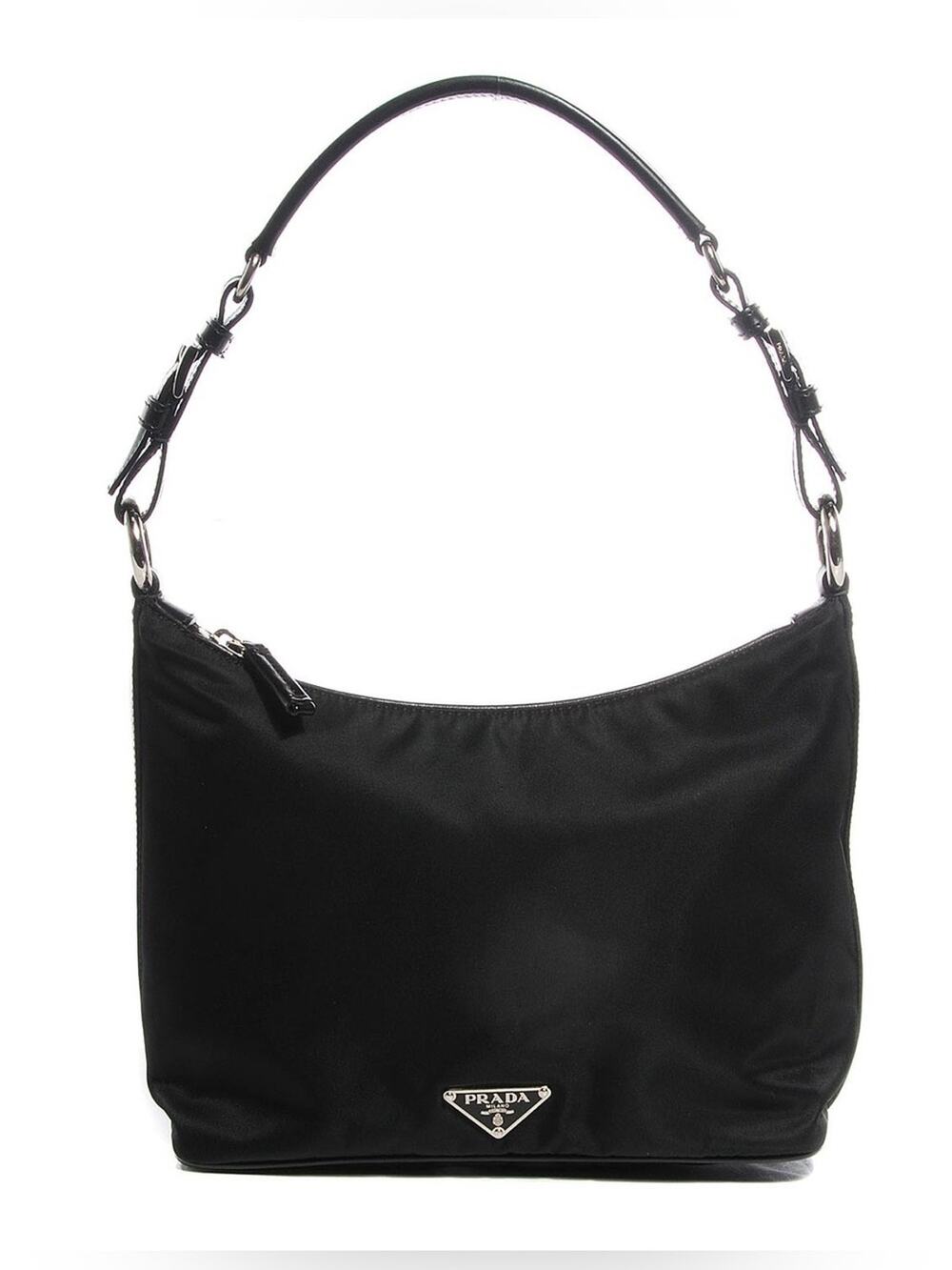 Vintage Prada Tessuto Nylon Saffiano Leather Trim Logo Shoulder Bag Black
